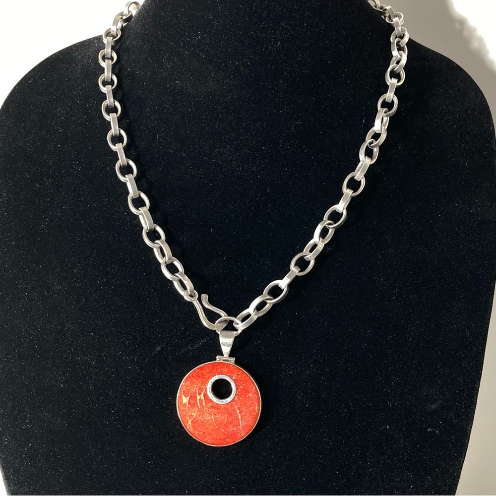 Red Silver Statement Pendant Necklace with Silver-Tone Chain
